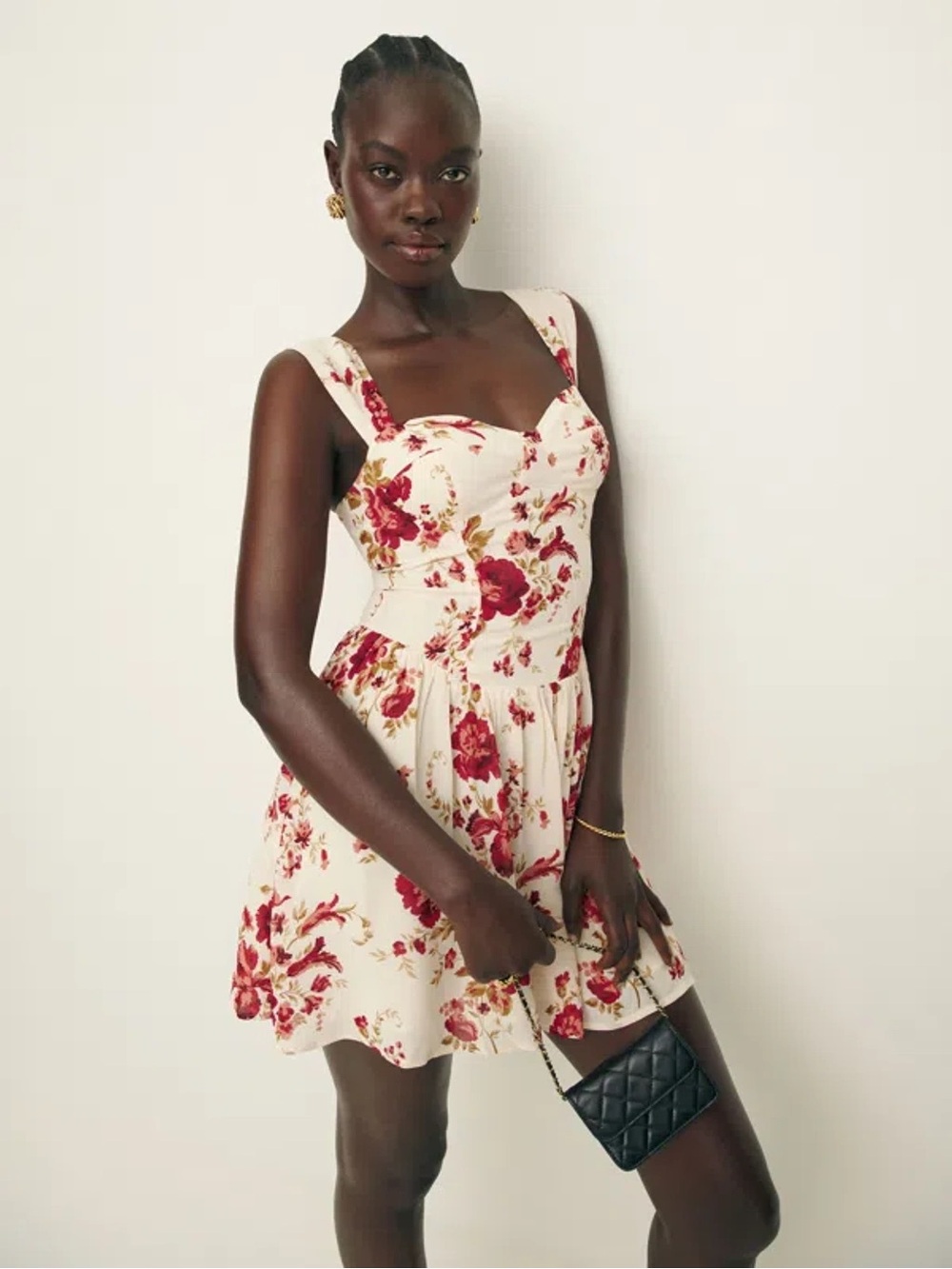 Reformation Taiga Sweetheart Mini Dress in Cream and Red